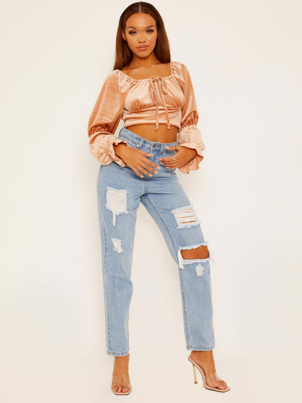 Velour Crop Top with Ruched Sleeves