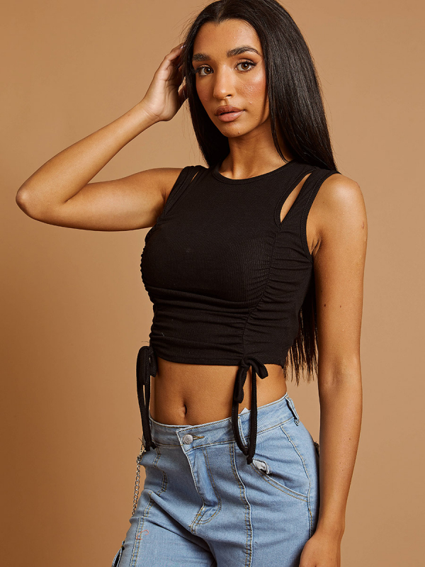 Cut Out Shoulder Ribbed Ruched Crop Top