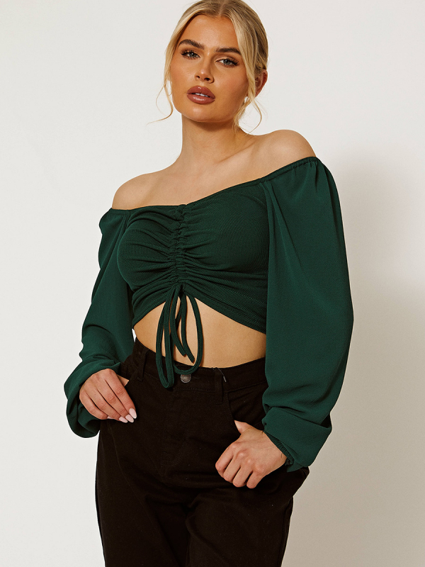 Bishop Sleeve Ruched Front Ribbed Crop Top