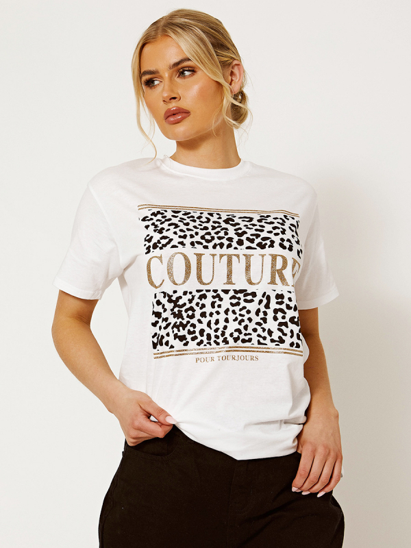 Couture Leopard Print Glitter Detail T-Shirt